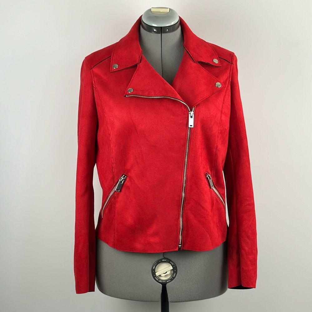 H&M™️ Women's Size 12 Cropped Red Faux Suede Biker Jacket worn once
